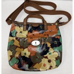VTG Fossil Key-Per Multicolor Floral Coated Canvas Crossbody Tote Bag Multicolor